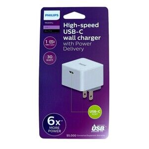 Philips High-speed USB-C Wall Charger w/Power Delivery 30W - White 6X More Power